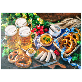 Darstellung des Puzzle Motivs Oktoberfest-Menü, Bayerische Würstchen mit Brezeln, süßem Senf und Bierkrügen - Puzzleteile: 100