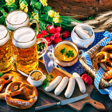 Oktoberfest-Menü, Bayerische Würstchen mit Brezeln, süßem Senf und Bierkrügen 100 Puzzle 3D Modell