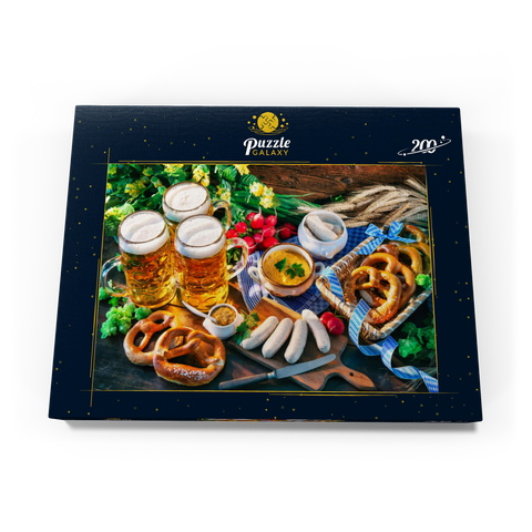 Oktoberfest-Menü, Bayerische Würstchen mit Brezeln, süßem Senf und Bierkrügen 200 Puzzle Schachtel Ansicht3