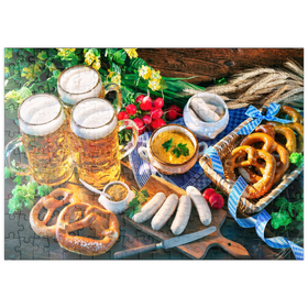 Darstellung des Puzzle Motivs Oktoberfest-Menü, Bayerische Würstchen mit Brezeln, süßem Senf und Bierkrügen - Puzzleteile: 200