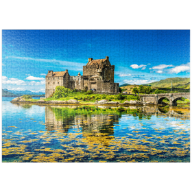 Darstellung des Puzzle-Motivs Eilean Donan Castle an einem warmen Sommertag - Dornie, Schottland – Puzzleteile: 1000