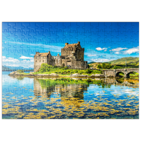 Darstellung des Puzzle Motivs Eilean Donan Castle an einem warmen Sommertag - Dornie, Schottland - Puzzleteile: 200