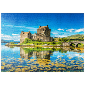 Darstellung des Puzzle-Motivs Eilean Donan Castle an einem warmen Sommertag - Dornie, Schottland – Puzzleteile: 500
