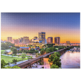 Darstellung des Puzzle Motivs Richmond, Virginia, USA, Skyline der Innenstadt am Fluss in der Dämmerung - Puzzleteile: 1000