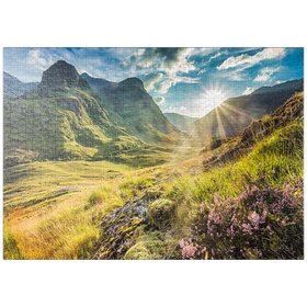 Darstellung des Puzzle-Motivs Talblick unterhalb der Berge von Glencoe, Lochaber, Highlands, Schottland – Puzzleteile: 1000