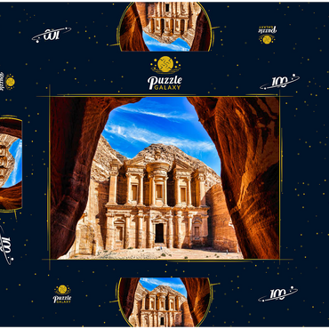 Atemberaubende Aussicht aus einer Höhle des Ad Deir-Klosters in der antiken Stadt Petra, Jordanien 100 Puzzle Schachtel 3D Modell