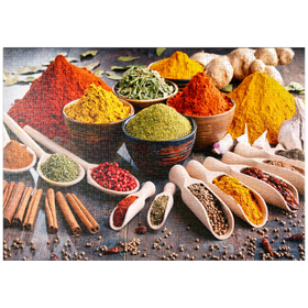 Darstellung des Puzzle Motivs Eine Vielzahl von Gewürzen und Kräutern auf dem Küchentisch - Puzzleteile: 1000