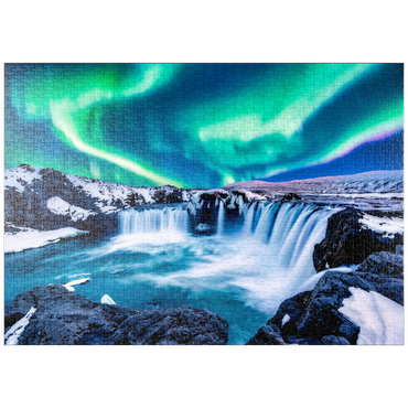 puzzleplate Nordlichter über dem Godafoss Wasserfall in Island 1000 Puzzle