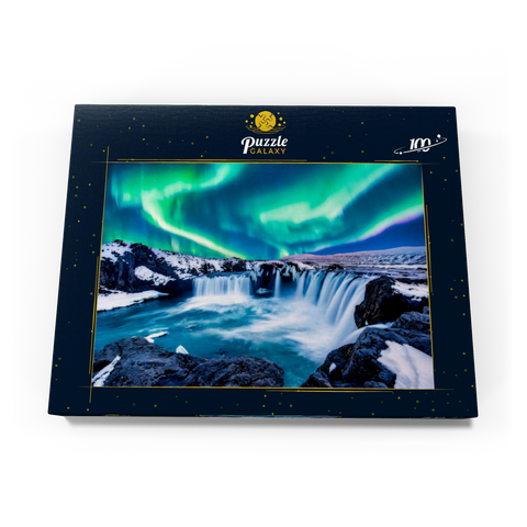 Nordlichter über dem Godafoss Wasserfall in Island 100 Puzzle Schachtel Ansicht3