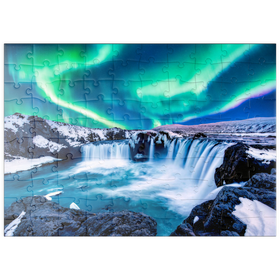 Darstellung des Puzzle-Motivs Nordlichter über dem Godafoss Wasserfall in Island – Puzzleteile: 100