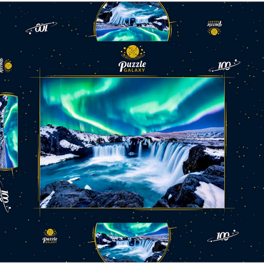 Nordlichter über dem Godafoss Wasserfall in Island 100 Puzzle Schachtel 3D Modell
