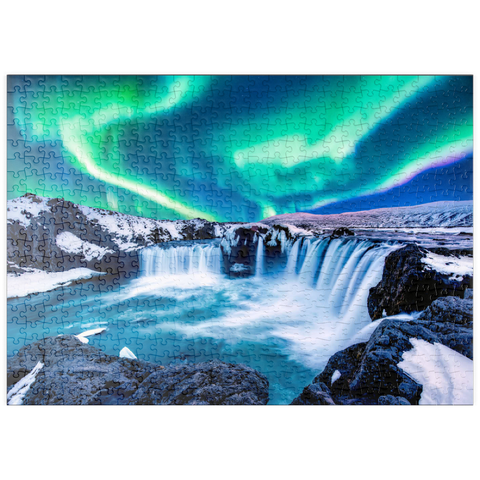 puzzleplate Nordlichter über dem Godafoss Wasserfall in Island 500 Puzzle