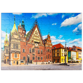 Darstellung des Puzzle Motivs Das alte Rathausgebäude auf dem Marktplatz in der Altstadt von Breslau, Polen - Puzzleteile: 100