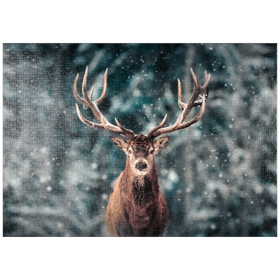 Darstellung des Puzzle-Motivs Edelhirsch im Winterschneewald – Puzzleteile: 1000