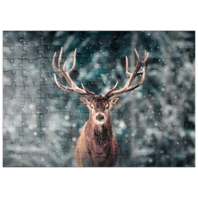 Darstellung des Puzzle Motivs Edelhirsch im Winterschneewald - Puzzleteile: 100