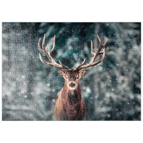 Darstellung des Puzzle Motivs Edelhirsch im Winterschneewald - Puzzleteile: 200