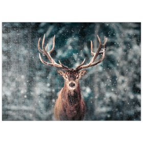 Darstellung des Puzzle-Motivs Edelhirsch im Winterschneewald – Puzzleteile: 500