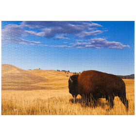 Darstellung des Puzzle-Motivs Bison / Büffel läuft in die sanften Hügel der Prärie – Puzzleteile: 1000