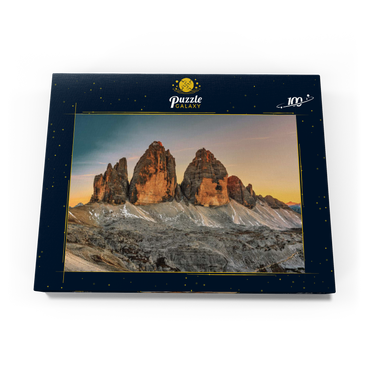 Die Drei Zinnen bei Sonnenuntergang, Toblach, Trentino - Südtirol, Italien 100 Puzzle Schachtel Ansicht3