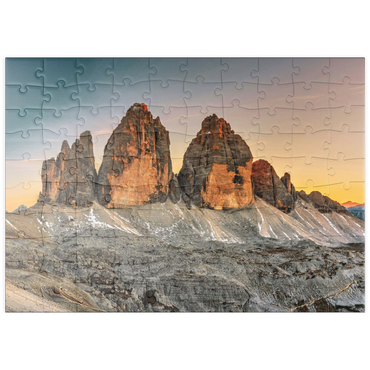 puzzleplate Die Drei Zinnen bei Sonnenuntergang, Toblach, Trentino - Südtirol, Italien 100 Puzzle