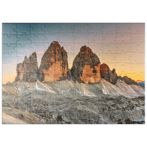 puzzleplate Die Drei Zinnen bei Sonnenuntergang, Toblach, Trentino - Südtirol, Italien 100 Puzzle