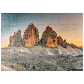 Darstellung des Puzzle Motivs Die Drei Zinnen bei Sonnenuntergang, Toblach, Trentino - Südtirol, Italien - Puzzleteile: 100