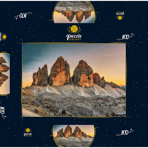Die Drei Zinnen bei Sonnenuntergang, Toblach, Trentino - Südtirol, Italien 100 Puzzle Schachtel 3D Modell