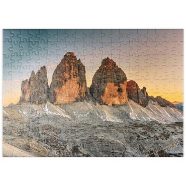 puzzleplate Die Drei Zinnen bei Sonnenuntergang, Toblach, Trentino - Südtirol, Italien 200 Puzzle