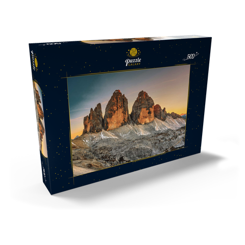Die Drei Zinnen bei Sonnenuntergang, Toblach, Trentino - Südtirol, Italien 500 Puzzle Schachtel Ansicht2
