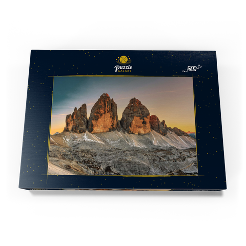 Die Drei Zinnen bei Sonnenuntergang, Toblach, Trentino - Südtirol, Italien 500 Puzzle Schachtel Ansicht3