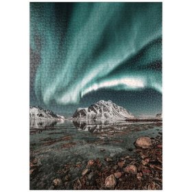 Darstellung des Puzzle-Motivs Nordlicht, Aurora borealis über erstaunlicher Landschaft in Lofoten, Norwegen – Puzzleteile: 1000