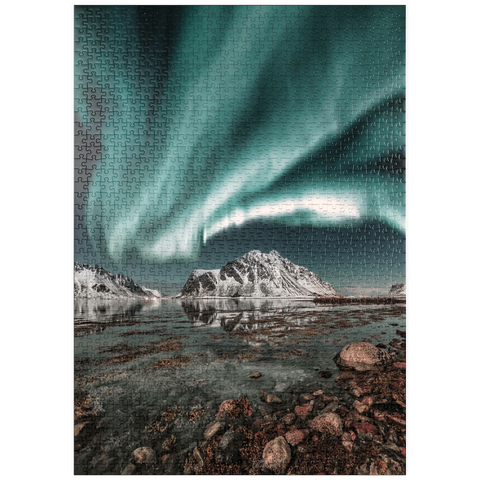 puzzleplate Nordlicht, Aurora borealis über erstaunlicher Landschaft in Lofoten, Norwegen 1000 Puzzle