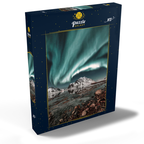 Nordlicht, Aurora borealis über erstaunlicher Landschaft in Lofoten, Norwegen 100 Puzzle Schachtel Ansicht2