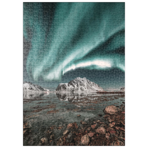 puzzleplate Nordlicht, Aurora borealis über erstaunlicher Landschaft in Lofoten, Norwegen 500 Puzzle