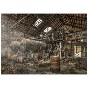 Darstellung des Puzzle-Motivs Lost Places - Verrostete Zisternen und Fässer in einer verlassenen Fabrik – Puzzleteile: 1000
