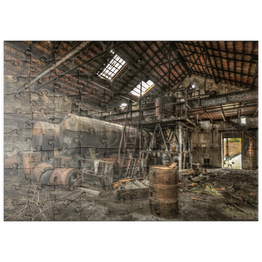 puzzleplate Lost Places - Verrostete Zisternen und Fässer in einer verlassenen Fabrik  100 Puzzle