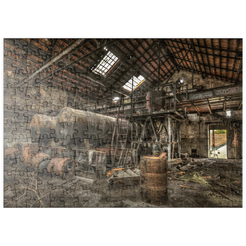 puzzleplate Lost Places - Verrostete Zisternen und Fässer in einer verlassenen Fabrik  200 Puzzle