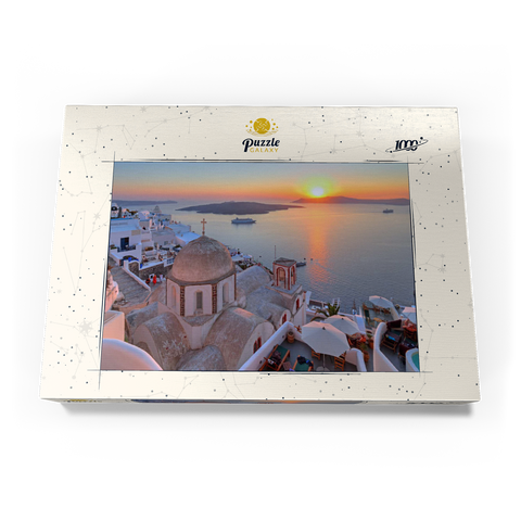 St. Johanniskirche über der Caldera im Sonnenuntergang, Fira, Insel Santorin, Kykladen, Griechenland 1000 Puzzle Schachtel Ansicht3