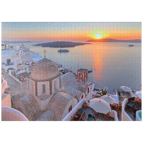 Darstellung des Puzzle-Motivs St. Johanniskirche über der Caldera im Sonnenuntergang, Insel Santorin – Puzzleteile: 1000