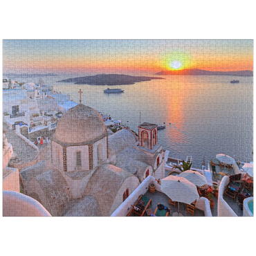 puzzleplate St. Johanniskirche über der Caldera im Sonnenuntergang, Fira, Insel Santorin, Kykladen, Griechenland 1000 Puzzle