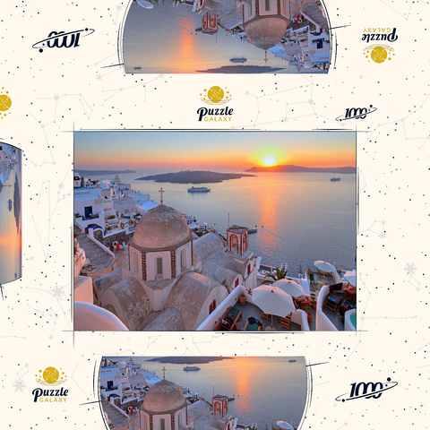 St. Johanniskirche über der Caldera im Sonnenuntergang, Fira, Insel Santorin, Kykladen, Griechenland 1000 Puzzle Schachtel 3D Modell