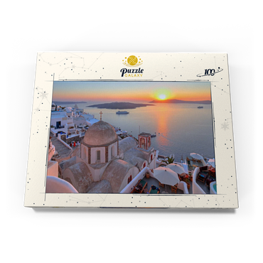 St. Johanniskirche über der Caldera im Sonnenuntergang, Fira, Insel Santorin, Kykladen, Griechenland 100 Puzzle Schachtel Ansicht3