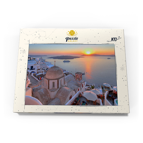 St. Johanniskirche über der Caldera im Sonnenuntergang, Fira, Insel Santorin, Kykladen, Griechenland 100 Puzzle Schachtel Ansicht3