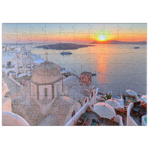 puzzleplate St. Johanniskirche über der Caldera im Sonnenuntergang, Fira, Insel Santorin, Kykladen, Griechenland 100 Puzzle
