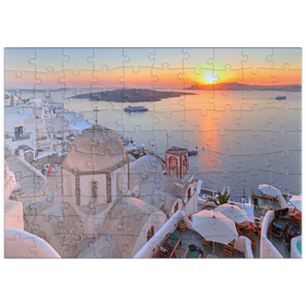 Darstellung des Puzzle Motivs St. Johanniskirche über der Caldera im Sonnenuntergang, Insel Santorin - Puzzleteile: 100