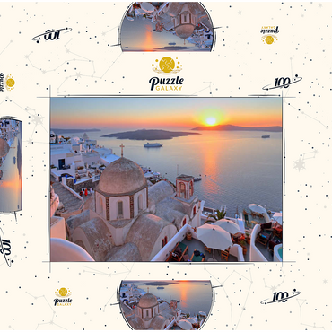 St. Johanniskirche über der Caldera im Sonnenuntergang, Fira, Insel Santorin, Kykladen, Griechenland 100 Puzzle Schachtel 3D Modell