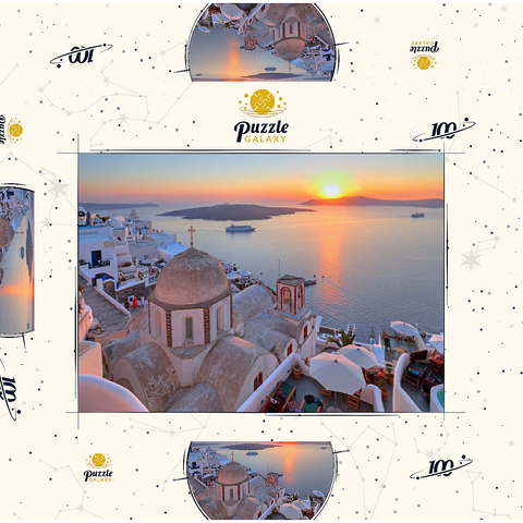 St. Johanniskirche über der Caldera im Sonnenuntergang, Fira, Insel Santorin, Kykladen, Griechenland 100 Puzzle Schachtel 3D Modell