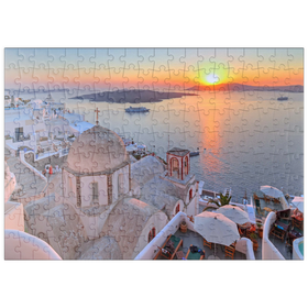 Darstellung des Puzzle Motivs St. Johanniskirche über der Caldera im Sonnenuntergang, Insel Santorin - Puzzleteile: 200