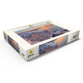 Darstellung des Puzzle Motivs St. Johanniskirche über der Caldera im Sonnenuntergang, Insel Santorin - Puzzleteile: 500