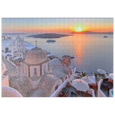 puzzleplate St. Johanniskirche über der Caldera im Sonnenuntergang, Fira, Insel Santorin, Kykladen, Griechenland 500 Puzzle